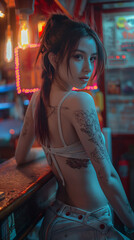 Fototapeta premium A young woman leans against a bar, showcasing her tattoos while surrounded by warm, colorful lights during a lively night out