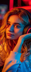 Obraz premium A young woman listens to music with headphones, surrounded by vibrant lights, lost in thought and enjoying the moment