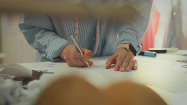 Creative. The owner the business, designing silhouettes, thoughtfully develops clothing models in the studio. The young lady makes patterns for products, sets new trends in street fashion, creativity