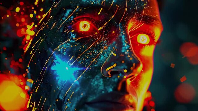 The close-up portrait of an android exhibits glowing eyes and illuminated streaks on its face. The robot appears lifelike with human-like features. Sparks and lights surround the scene, suggesting a
