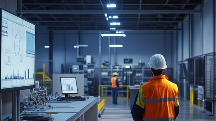 Generate a photo realistic image of engineers implementing noise control measures in a workplace, with noise monitoring equipment, soundproofing materials, and engineering controls visible