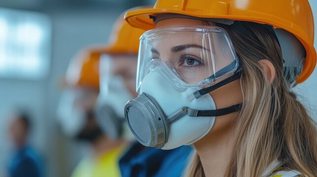Generate a photo realistic image of workers receiving training on respiratory protection, with respirator fit testing, respirator types, and respiratory safety protocols visible