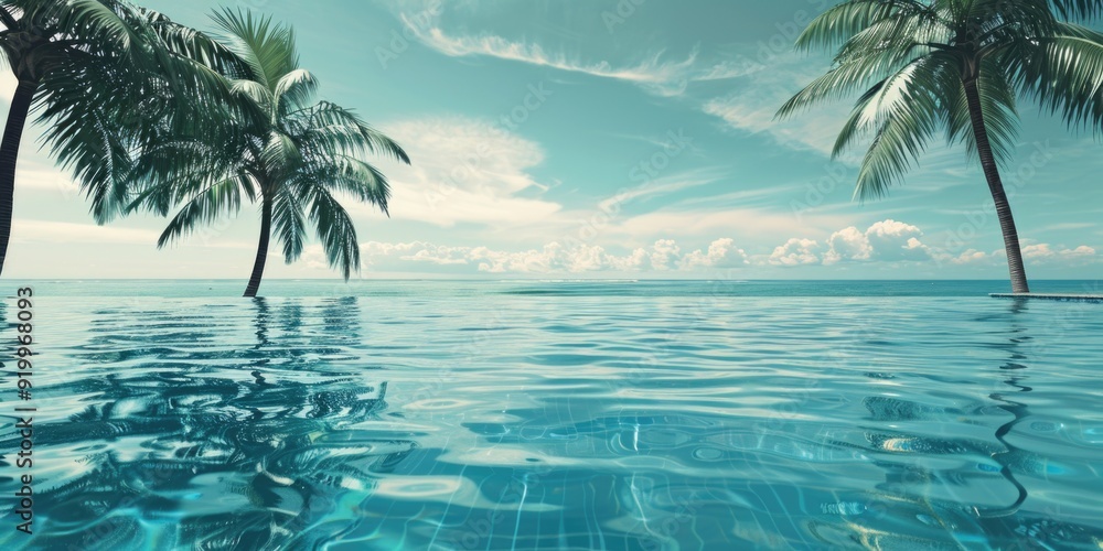 Poster two palm trees situated in the middle of a pool, providing a serene atmosphere