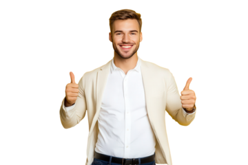 man showing thumbs up, wearing white shirt and jacket, isolated transparent cutout background png