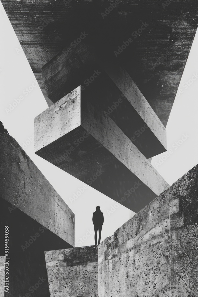 Poster A person stands at the top of a concrete structure with an open view