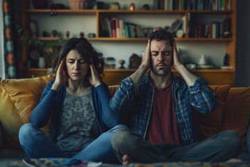 Obraz premium A couple sitting on a couch, both covering their ears with their hands