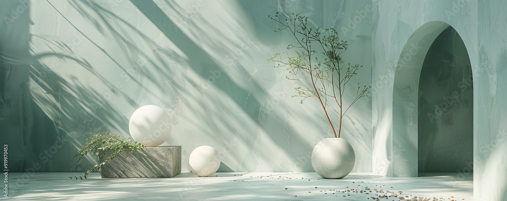 Poster minimalist display scene with marble balls and bare trees in soft light