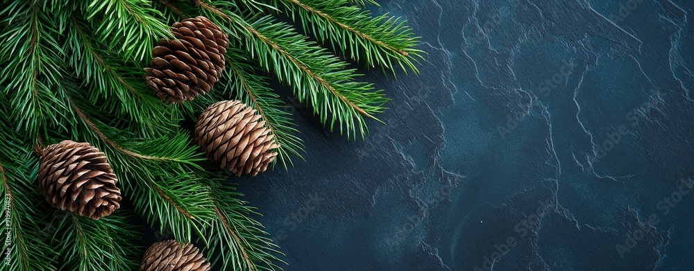 Poster fir tree branch with cones is lying on a dark blue textured background with copy space. perfect for 
