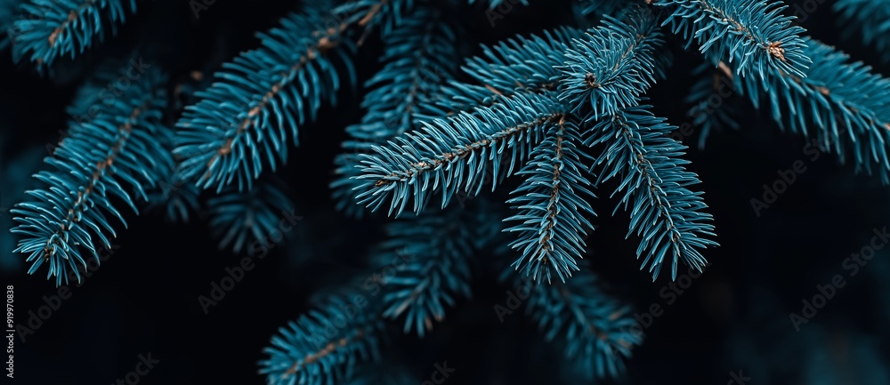 Poster gracefully overlapping blue spruce branches create a serene winter background with intricate pine ne