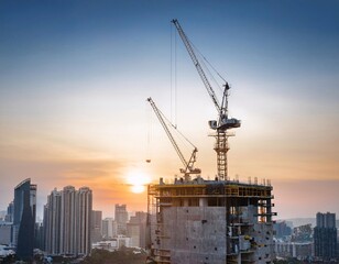 depicts a building under construction with a crane prominently positioned at the construction site during sunset,generative ai