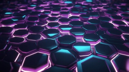 Obraz premium Digital hexagon abstract background, hexagons interlocking with fluid transitions, metallic and iridescent surfaces, neon blue and purple hues reflecting light