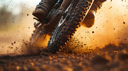 A motocross rider’s foot kicking up dust from the track, with the rider’s intense focus visible in a close-up shot of their gear and the surrounding chaos.


