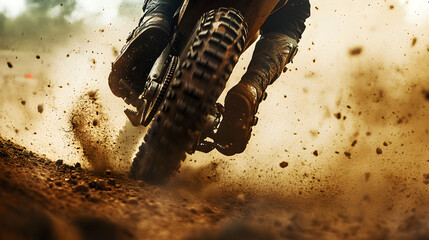 A motocross rider’s foot kicking up dust from the track, with the rider’s intense focus visible in a close-up shot of their gear and the surrounding chaos.


