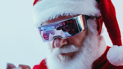 Santa claus is wearing futuristic glasses and using a virtual augmented reality panel to check his list before christmas