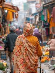 A woman walks through a busy market, her floral scarf billowing behind her. AI.