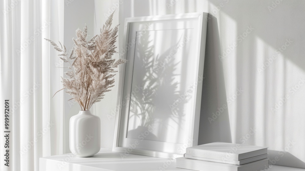 Poster a decorative picture frame sits atop a clean and minimalist white shelf, ready for display