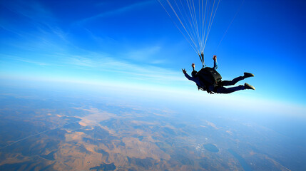A skydiver’s shadow falling across the open parachute, with the skydiver’s body and gear clearly visible against the expansive sky.


