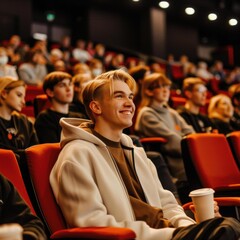 A young man smiles as he watches a presentation in a theater. AI.