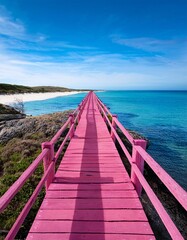 Obraz premium a beautiful pink wooden staircase that stretches along the edge of the ocean,generative ai