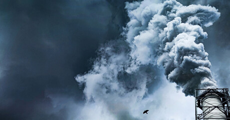 A large plume of smoke billowed from an industrial plant, seen against the backdrop of dark stormy clouds, a bird flew in front of it