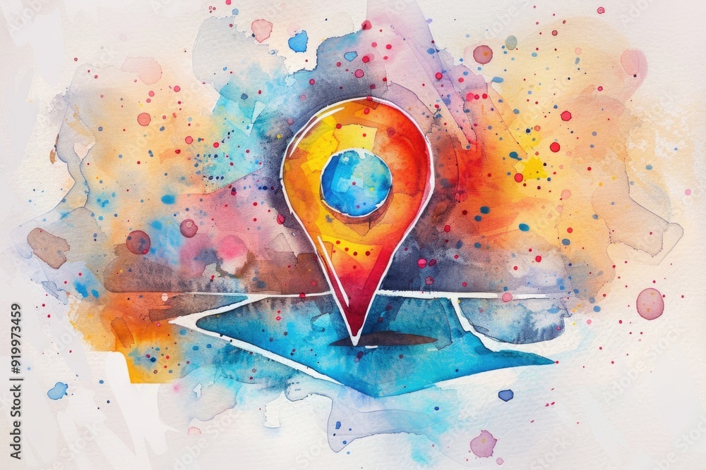 Poster a watercolor illustration of a map marker with a rounded tip and colorful design, ideal for travel o