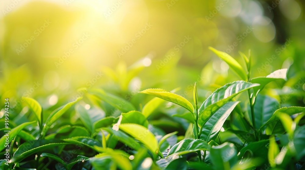 Wall mural Green tea leaves on a tea plantation, natural landscape, Close-up background