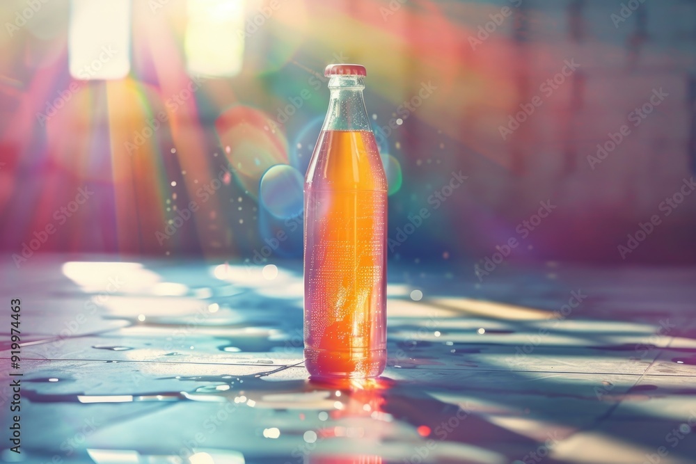 Aufkleber a single soda bottle sitting on a tile floor, suitable for use in various settings and themes