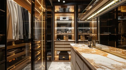 Big luxury wardrobe with different clothes. Minimalistic Modern home interior design in dark colors