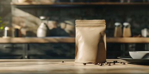 Enhance your coffee brands image with this premium packaging mockup, ideal for showcasing designs in a rustic kitchen, capturing attention and sparking genuine interest among viewers