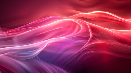 Close-up illustration of abstract wavy wave in shades of pink, red and purple, with highlights that give it depth and movement. Dark blurred background. Waves of smoke or fabric flying in the wind
