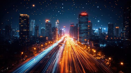 Night Cityscape with Light Trails and Stars