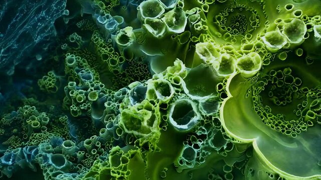 A vivid mix of green and blue abstract shapes create a stunning bioluminescent display. The glowing, overlapping circles and unique forms evoke an underwater or cellular environment. Abstract,