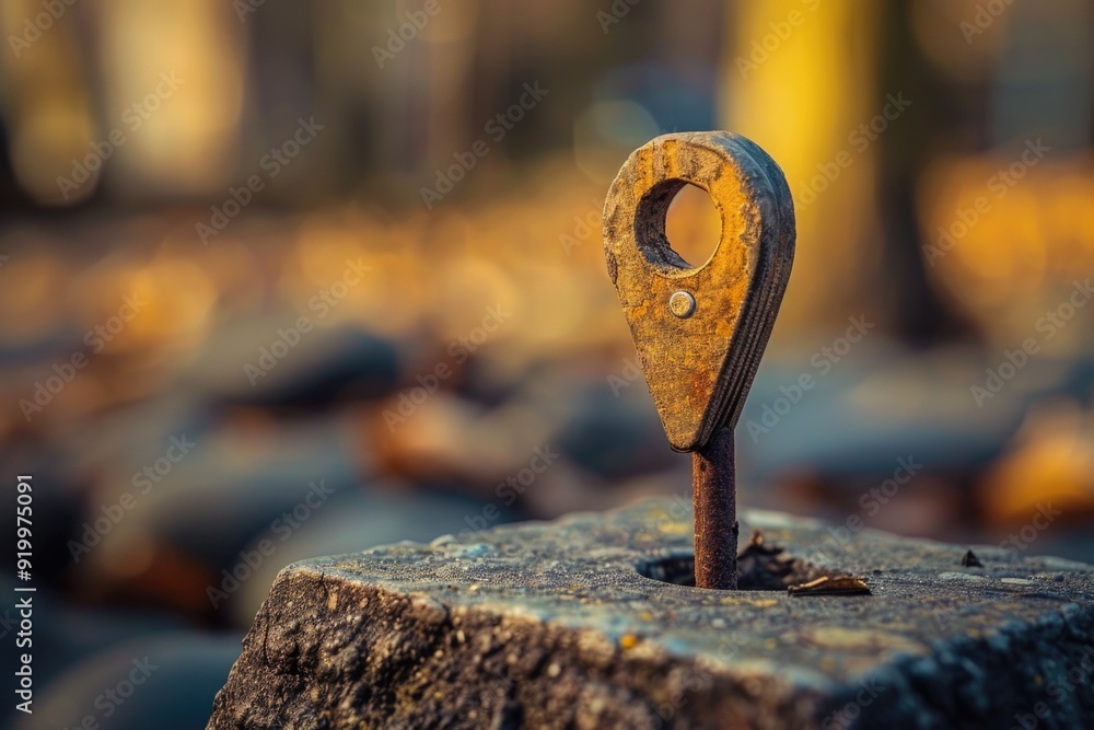 Poster a close-up of a metal object sitting on a rock, great for use in science or nature-themed illustrati