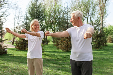 elderly couple of seniors man and woman doing exercises and training in the park outdoors, gray-haired grandparents playing sports and active lifestyle in nature