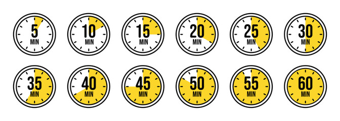 Stopwatch icons. Colorful simple chronometer, time counter with dial. Countdown timer showing hours and minutes. Deadline, measurement for sport. Cooking time label, sticker. Vector illustration