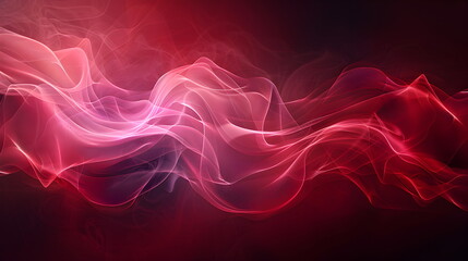 Obraz premium Close-up illustration of abstract wavy wave in shades of pink, red and purple, with highlights that give it depth and movement. Dark blurred background. Waves of smoke or fabric flying in the wind