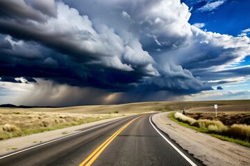 A lonely, winding road stretching towards a horizon where ominous storm clouds gather