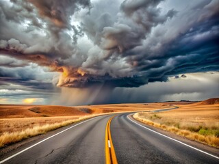 A lonely, winding road stretching towards a horizon where ominous storm clouds gather