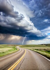 A lonely, winding road stretching towards a horizon where ominous storm clouds gather