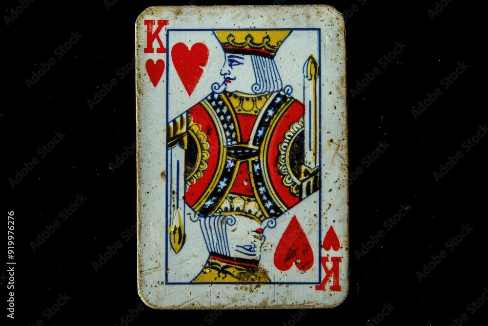 Poster a close-up view of a playing card on a table, with details visible on the card