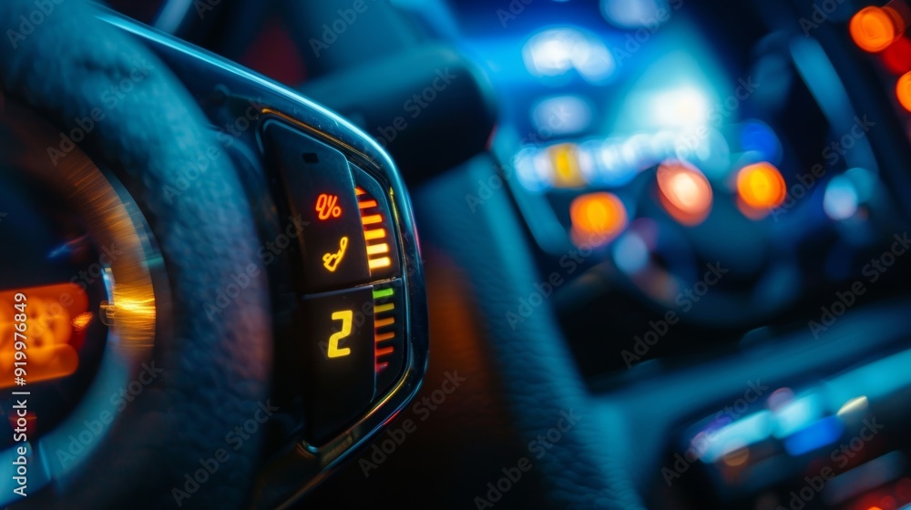 Poster closeup of the gear shift indicator on an automatic gear shifter showing the illuminated numbers den