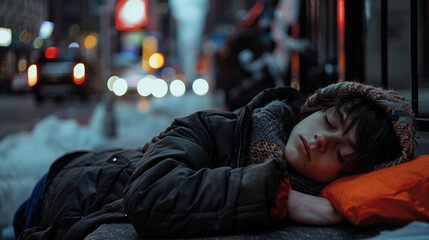 A homeless cold teen teenage boy sleeping on a dirty side walk