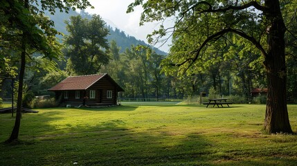 The football field and the cabin are in the park