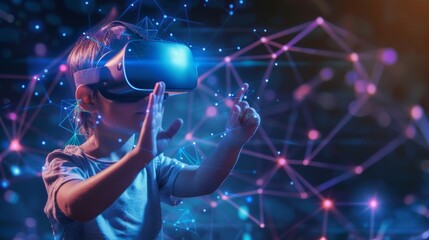 Child wearing VR headset interacting with digital network.