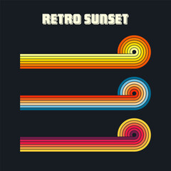 Vintage sunset collection. Various colorful striped sunrise badges in 80s and 90s style. Sun and ocean view, summer vibes, surfing. Design element for print, logo or t-shirt. Vector illustration