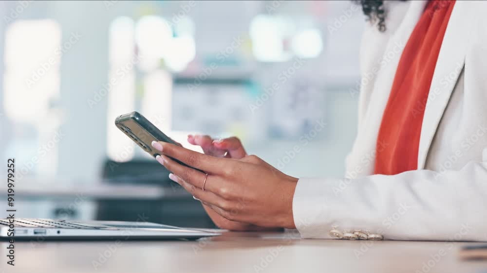 Poster closeup of fashionable business woman checking emails or fingers scrolling on app while working on a