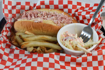 spam sallad sub with homamade french fries,