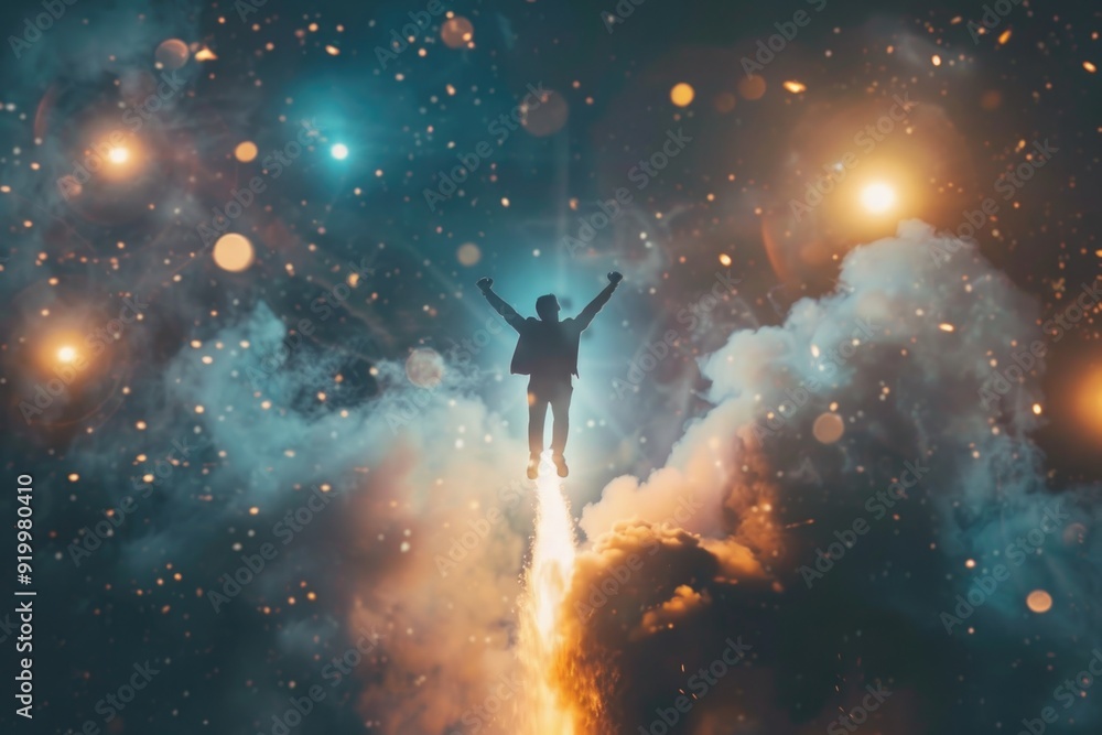 Poster astronaut standing on top of a rocket in the sky, ready for takeoff