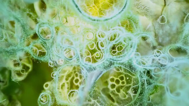 This close-up microscopic view reveals bubbles and cells in a vibrant bioenvironment. The image showcases a range of circular structures in green and yellow hues, creating a dynamic, abstract pattern.