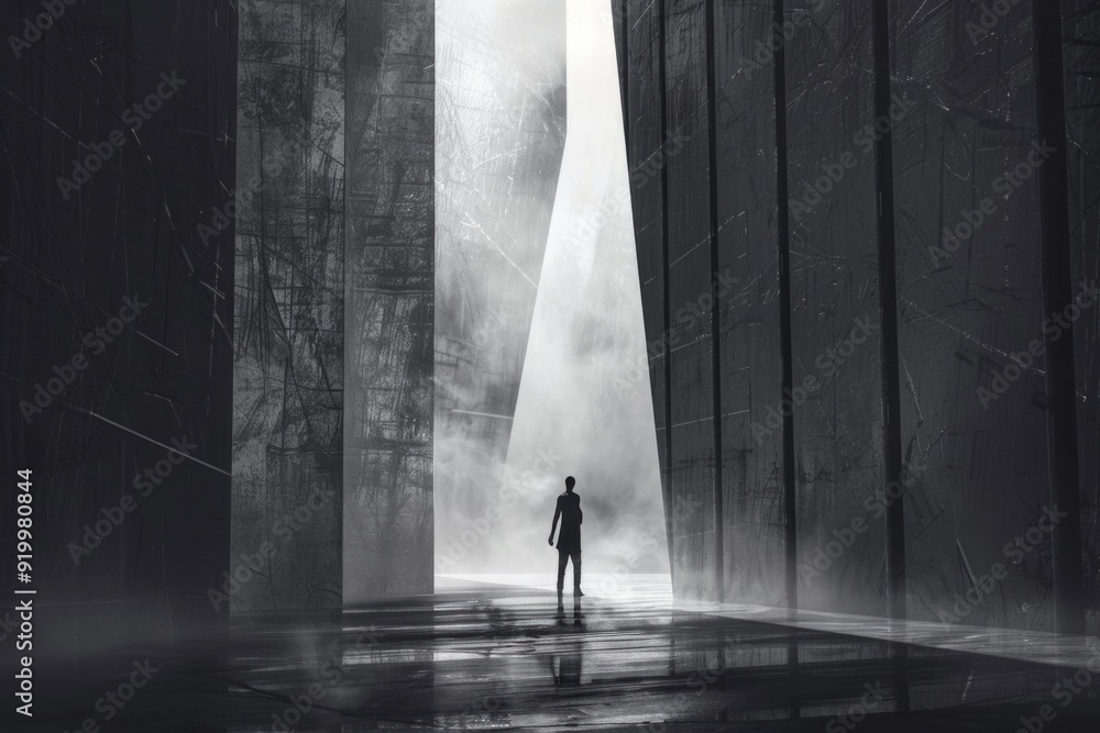 Poster a person stands alone in a dark room illuminated by a single beam of light, offering a sense of hope